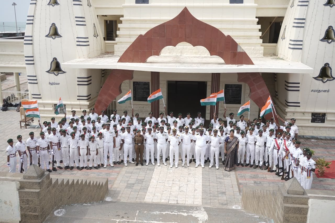 Senior officers descending the memorial steps at Kanniyakumari, flanked by cadets