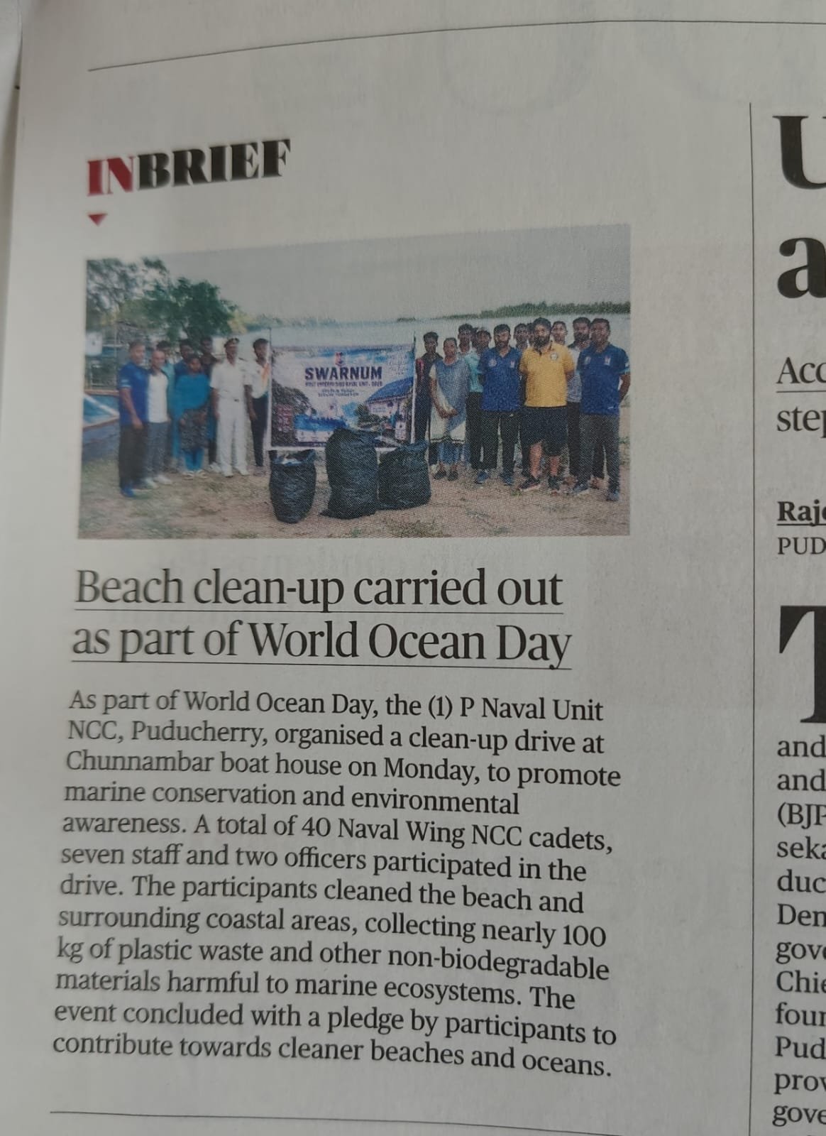 English newspaper column In Brief with a photograph of NCC cadets and staff at a beach clean-up under the SWARNUM banner at Chunnambar boat house