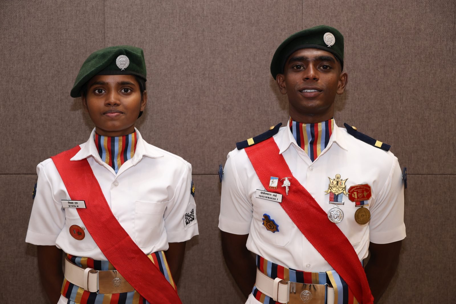 NCC cadets in ceremonial uniform with medals and ceremonial sashes