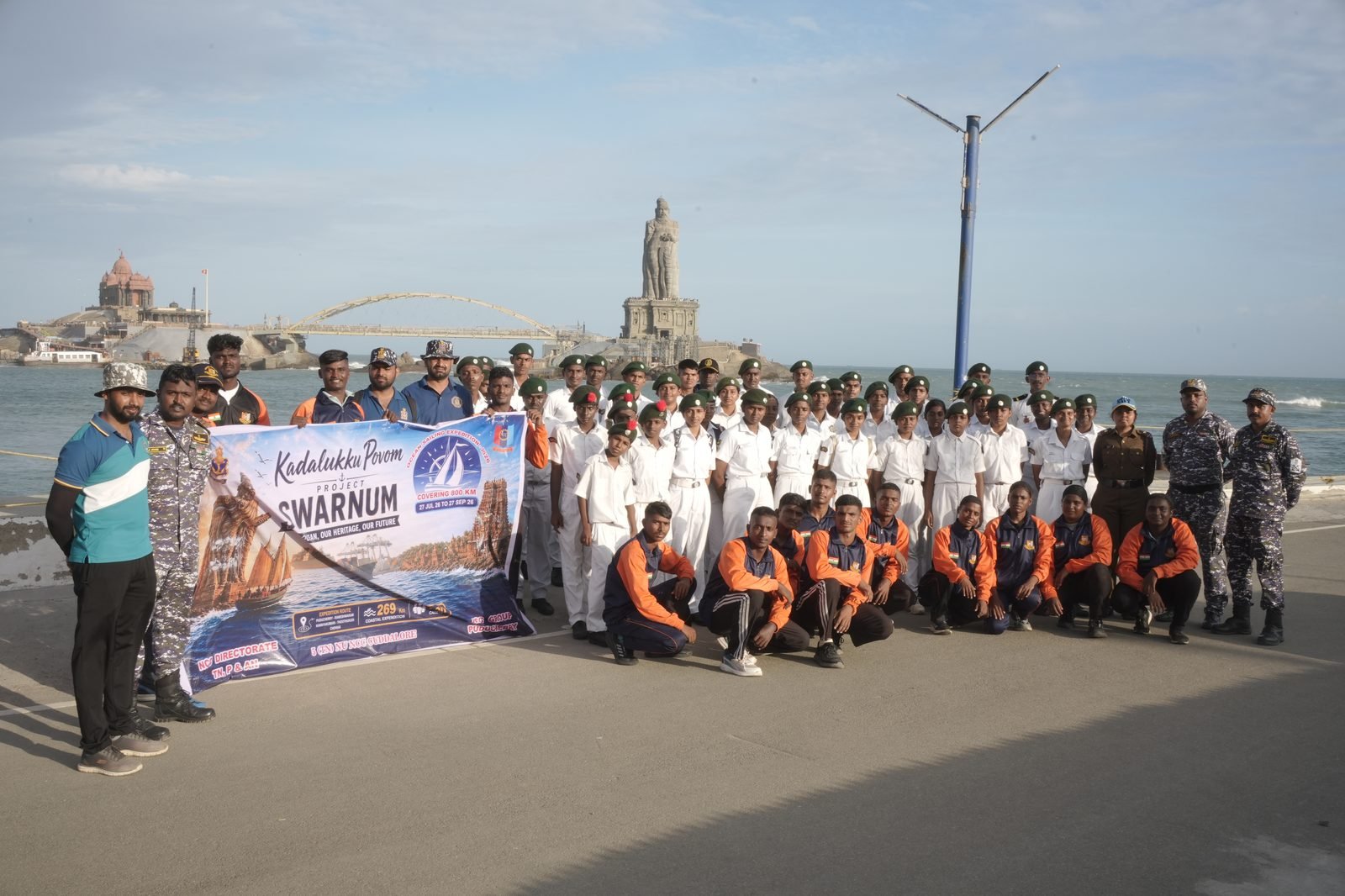 Navy and NCC personnel posing at the Vivekananda Rock Memorial