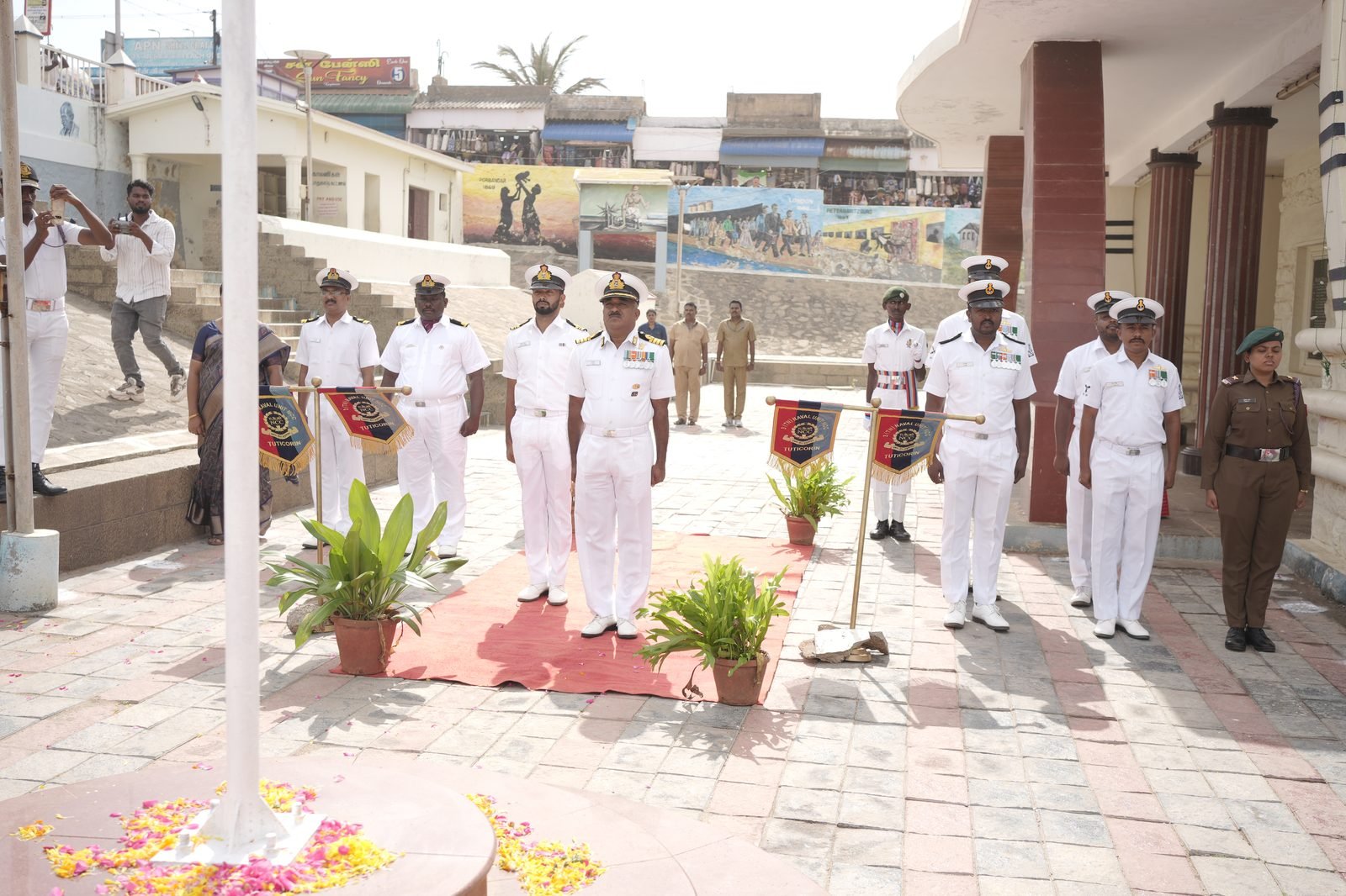 Officers at flag hoisting with NCC Naval Unit Thoothukudi banners at Gandhi Mandapam