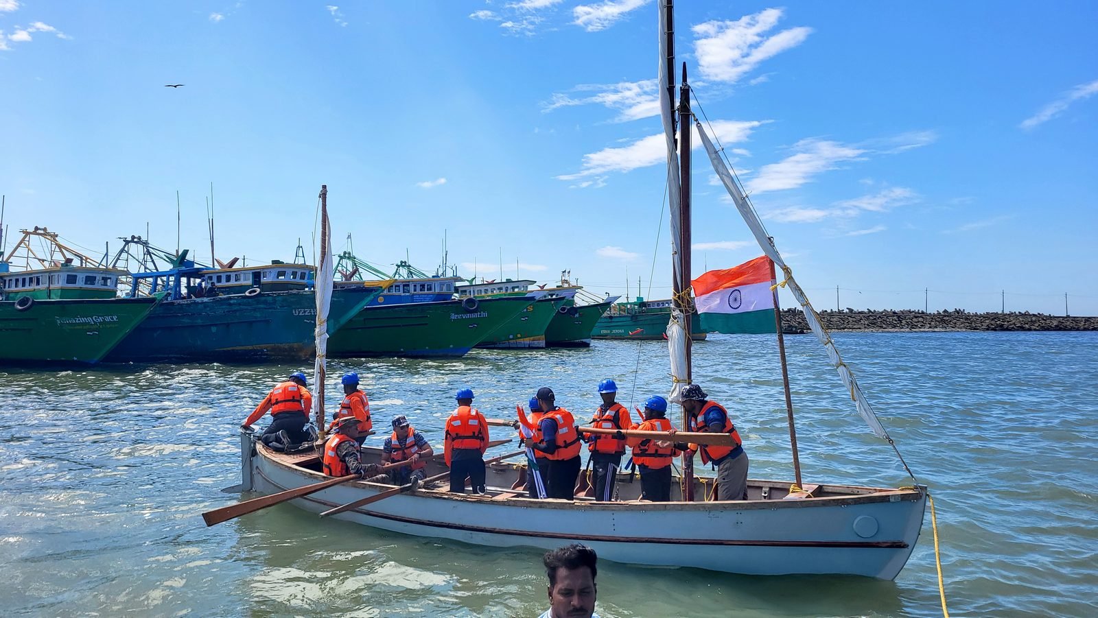 Whaler departing Kanyakumari with sails hoisted