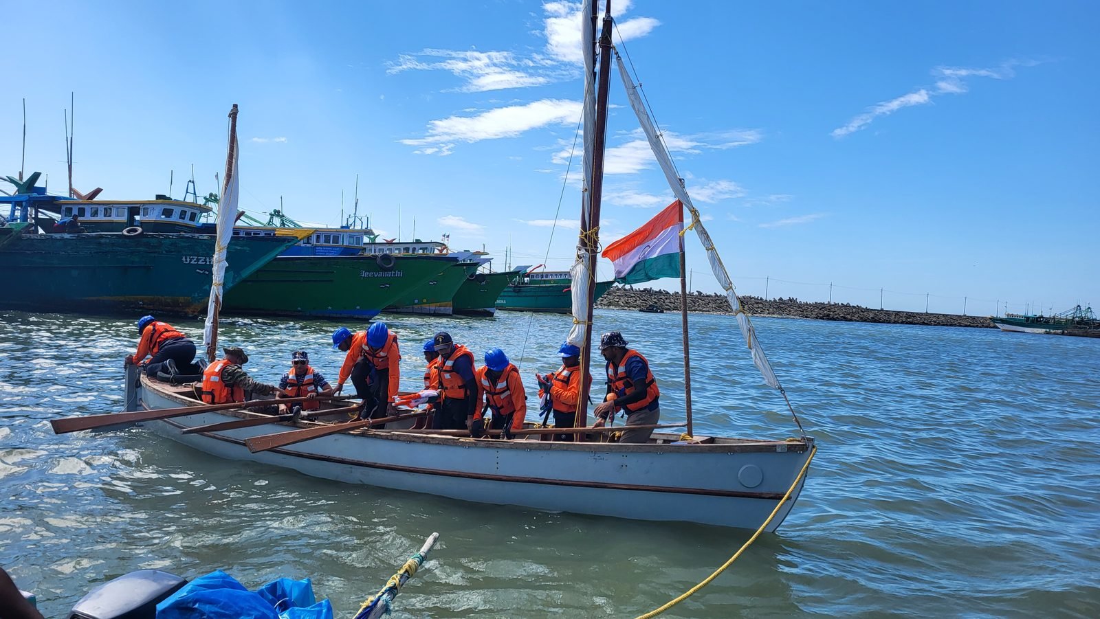 Cadets with Indian tricolour aboard the whaler