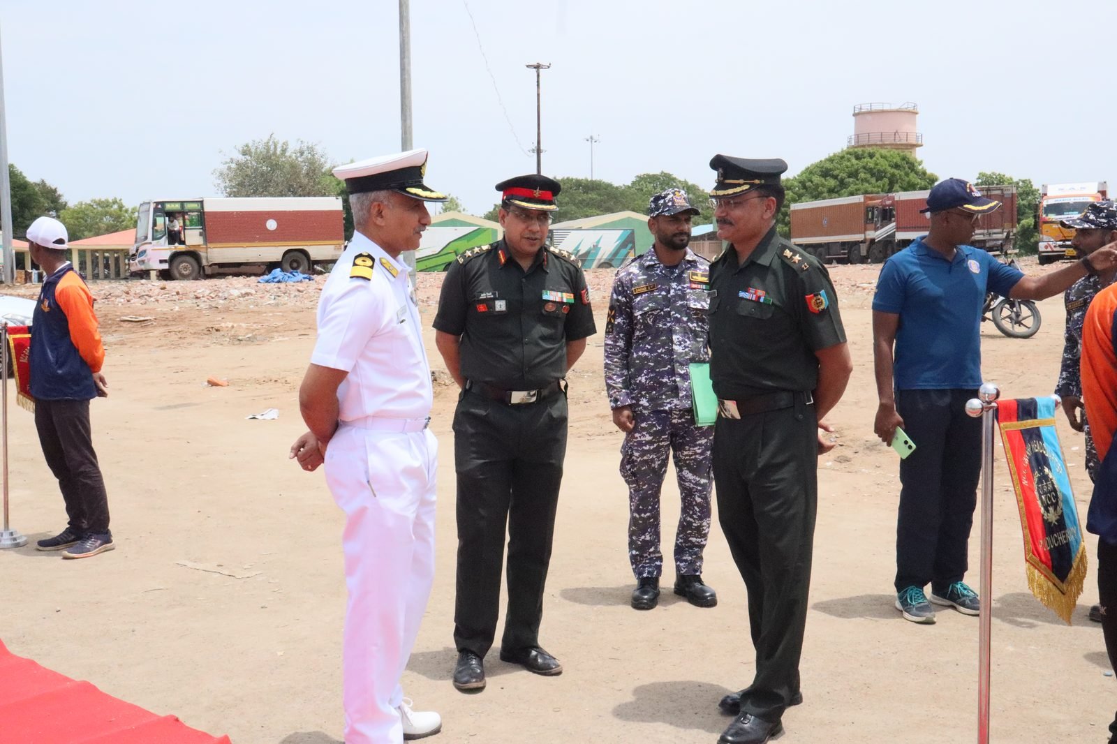 Officers in discussion at the Puducherry pier