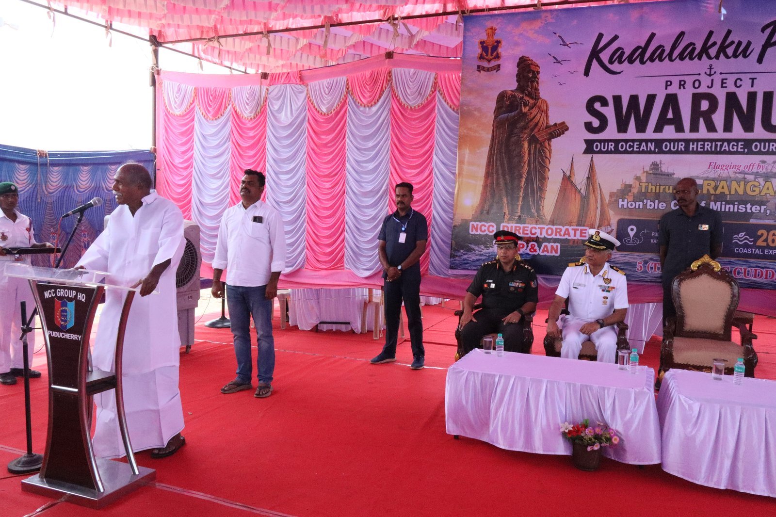 Chief Minister N. Rangasamy addressing the gathering at the flag-off ceremony