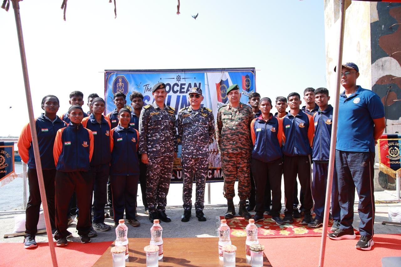Cadets and officers assembled in front of The Ocean Sailing Expedition banner, 2(TN) Naval Wing NCC Madurai