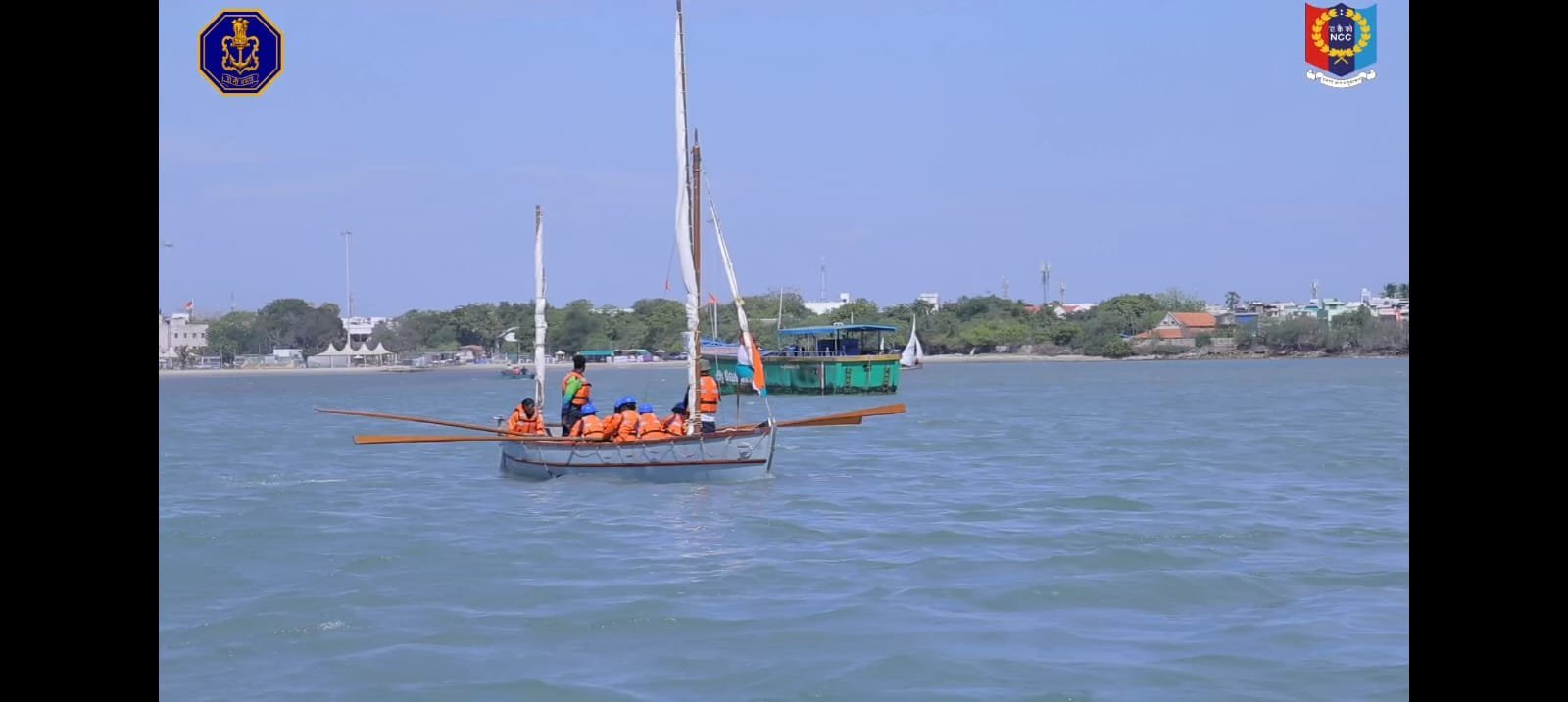 Whaler with NCC cadets in orange life jackets rowing at sea near the Thoothukudi coast