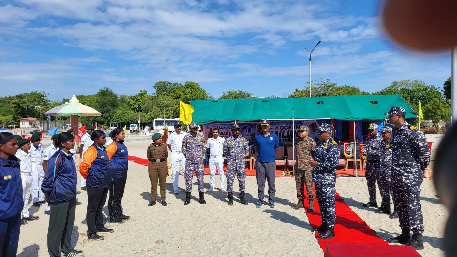 Officers and cadets assembled at the beach ceremony on the Thoothukudi seafront